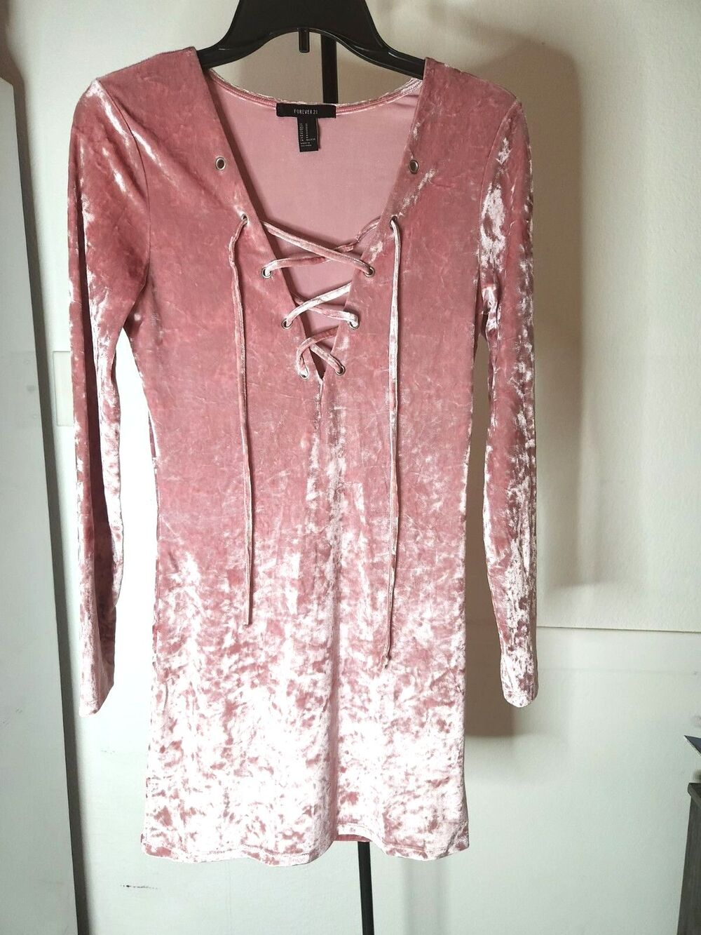Forever 21 Women's Pink Velvet Lace-up Collar Long Sleeve Short Dress Size S